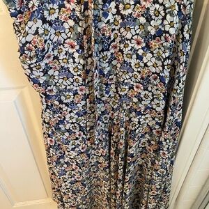 Veronica Beard Navy Floral Midi Dress with White, Blue, Yellow and Pink Flowers